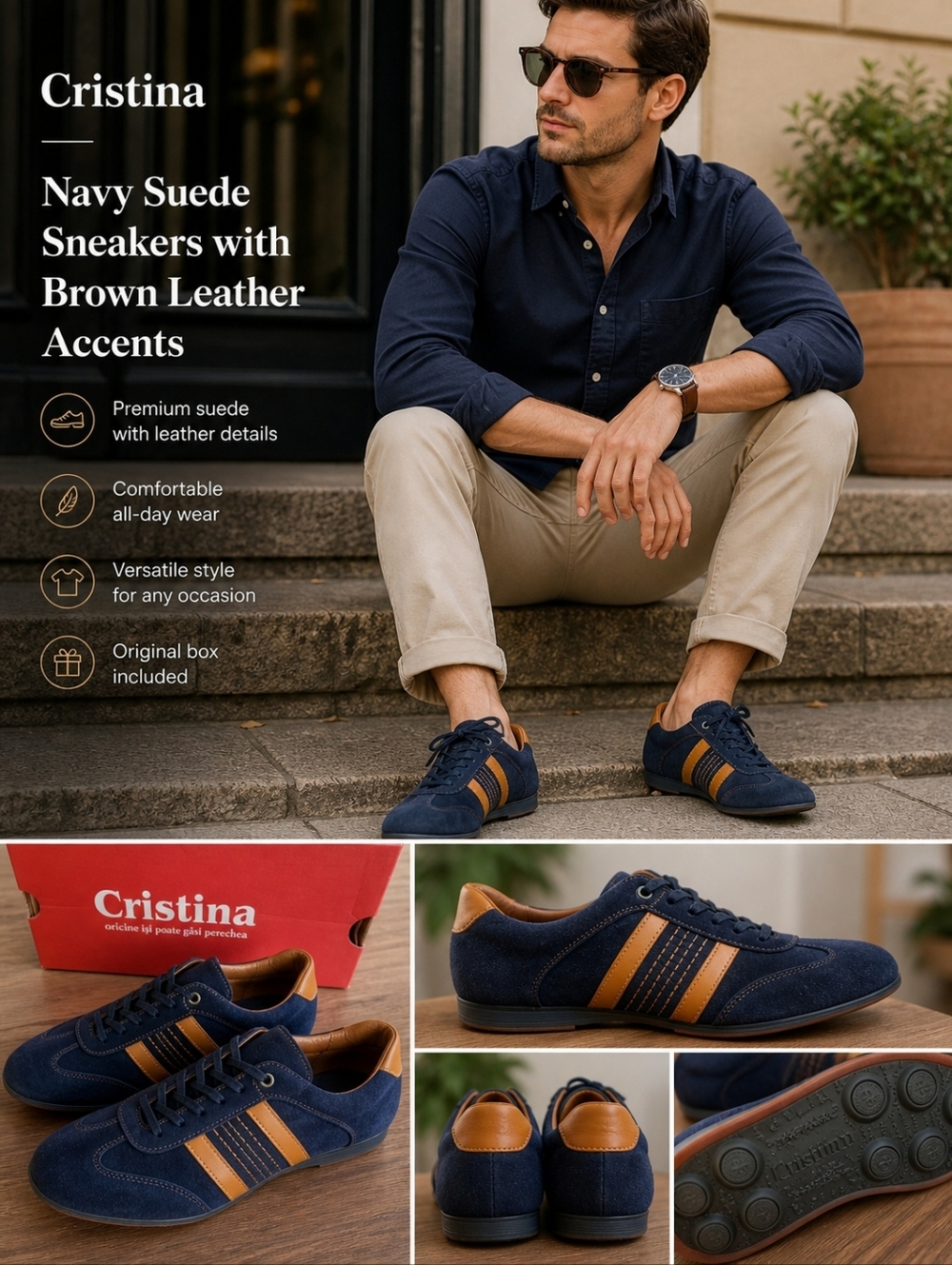Men’s Navy Suede Sneakers Cognac Leather Stripe Lace Up Casual Shoes EU 42